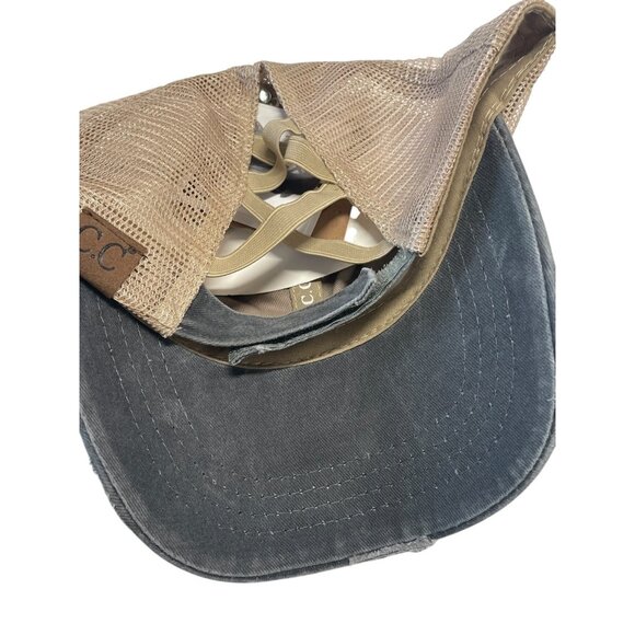 C.C Women's Distressed Mesh Ponytail Baseball Hat Adjustable Beige - Picture 3 of 3